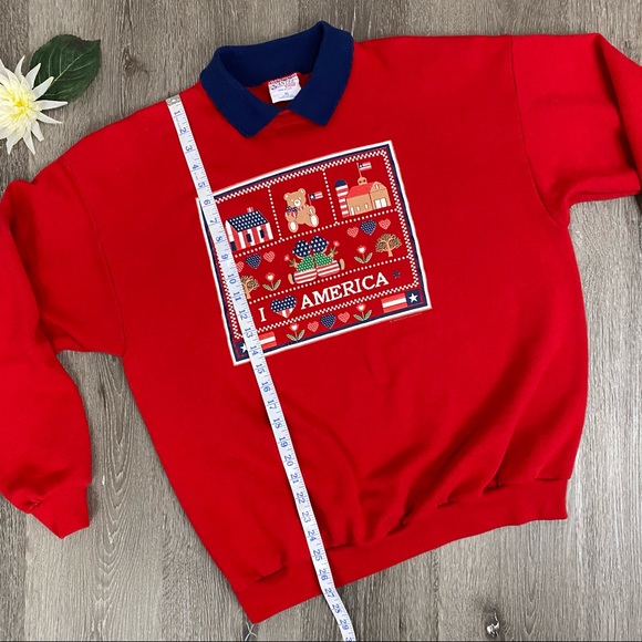 Vintage 90s Red Collared Patriotic Graphic USA Sweatshirt - Picture 12 of 12